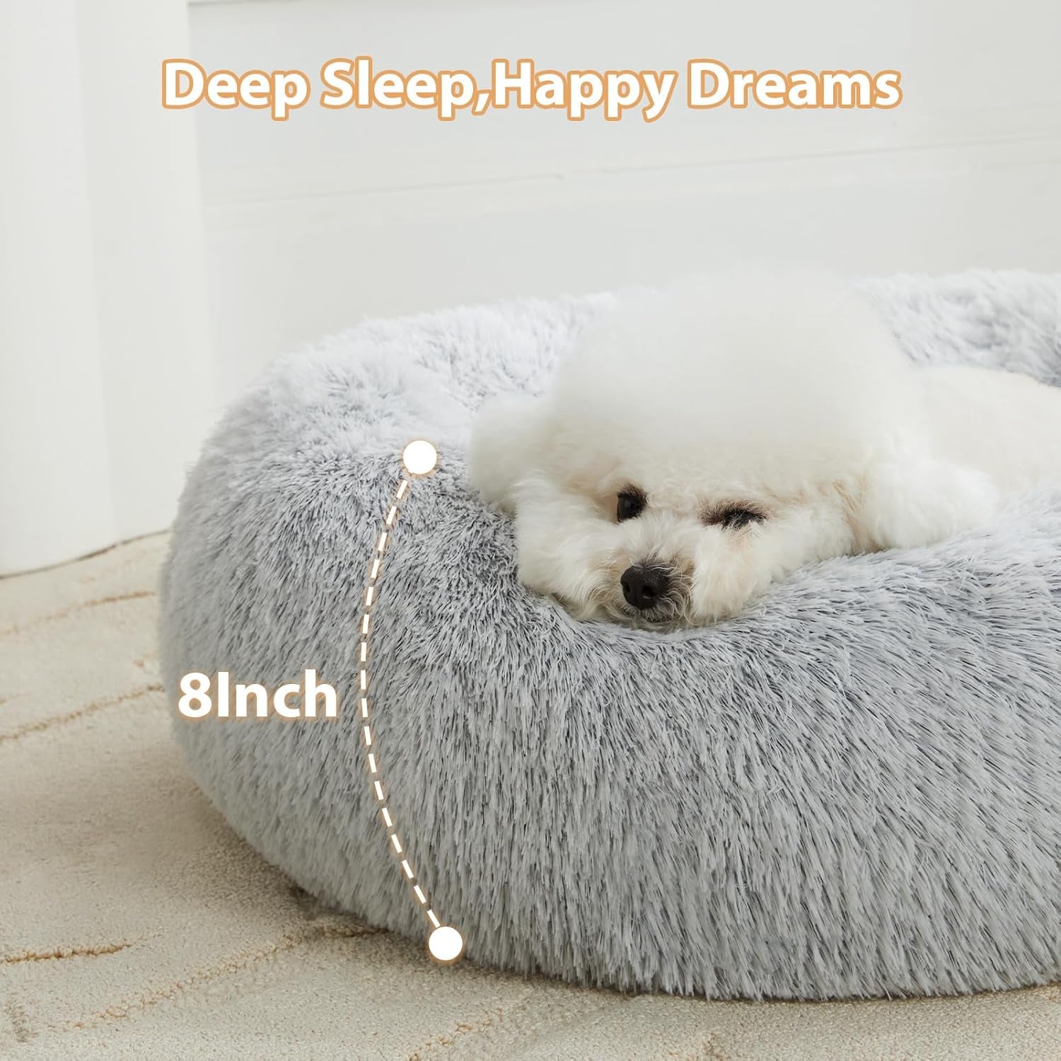 Calming Dog Bed Cat Bed Donut, Faux Fur Pet Bed Self-Warming Donut Cuddler, Comfortable round Plush Dog Beds (24 X 24 Inch, Light Grey)