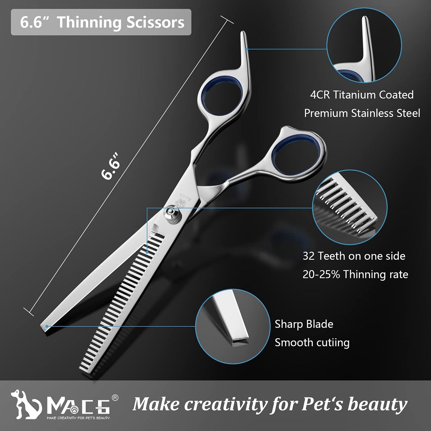 Dog Grooming Scissors Set with Safety round Tip, Titanium Coated Curved, Thinning and Straight Pet Grooming Scissors Kit for Dogs and Cats.