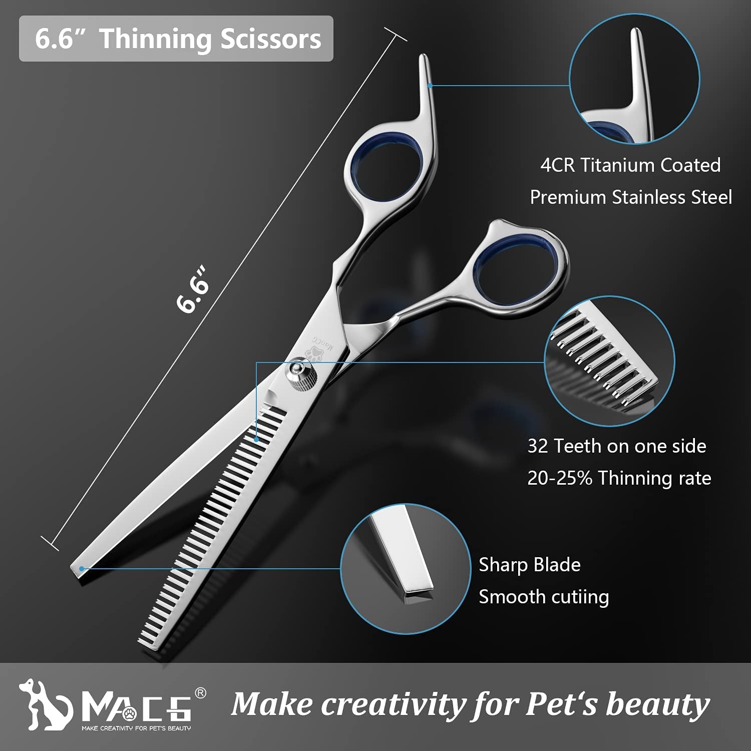 Dog Grooming Scissors Set with Safety round Tip, Titanium Coated Curved, Thinning and Straight Pet Grooming Scissors Kit for Dogs and Cats.